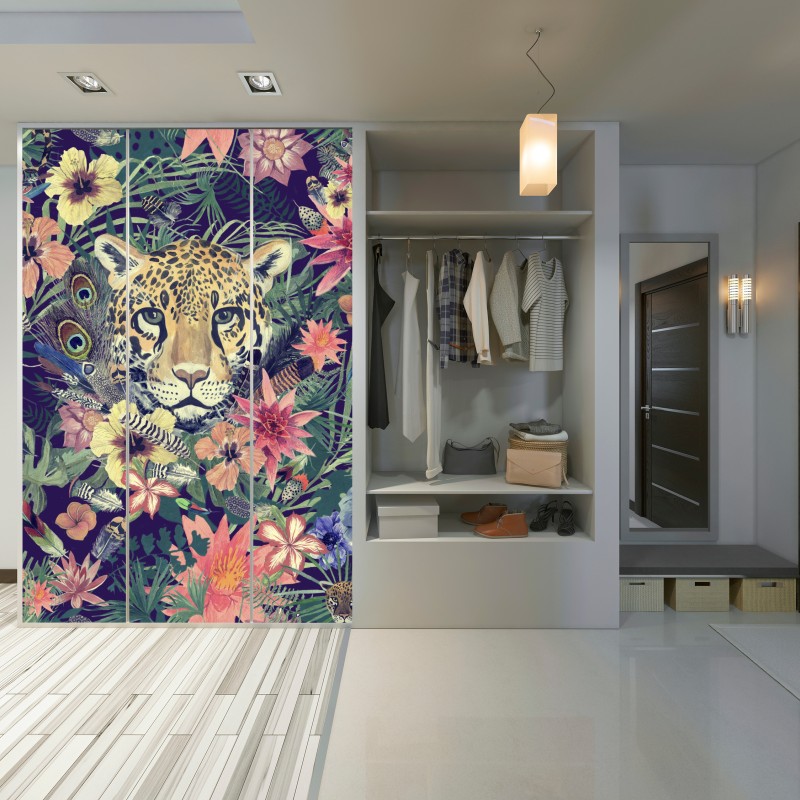 Naklejka na szafę vintage akwarelowy lampart w tropikalnych liściach – Wallissimo® Naklejka na szafę vintage akwarelowy lampart w tropikalnych liściach – Wallissimo®