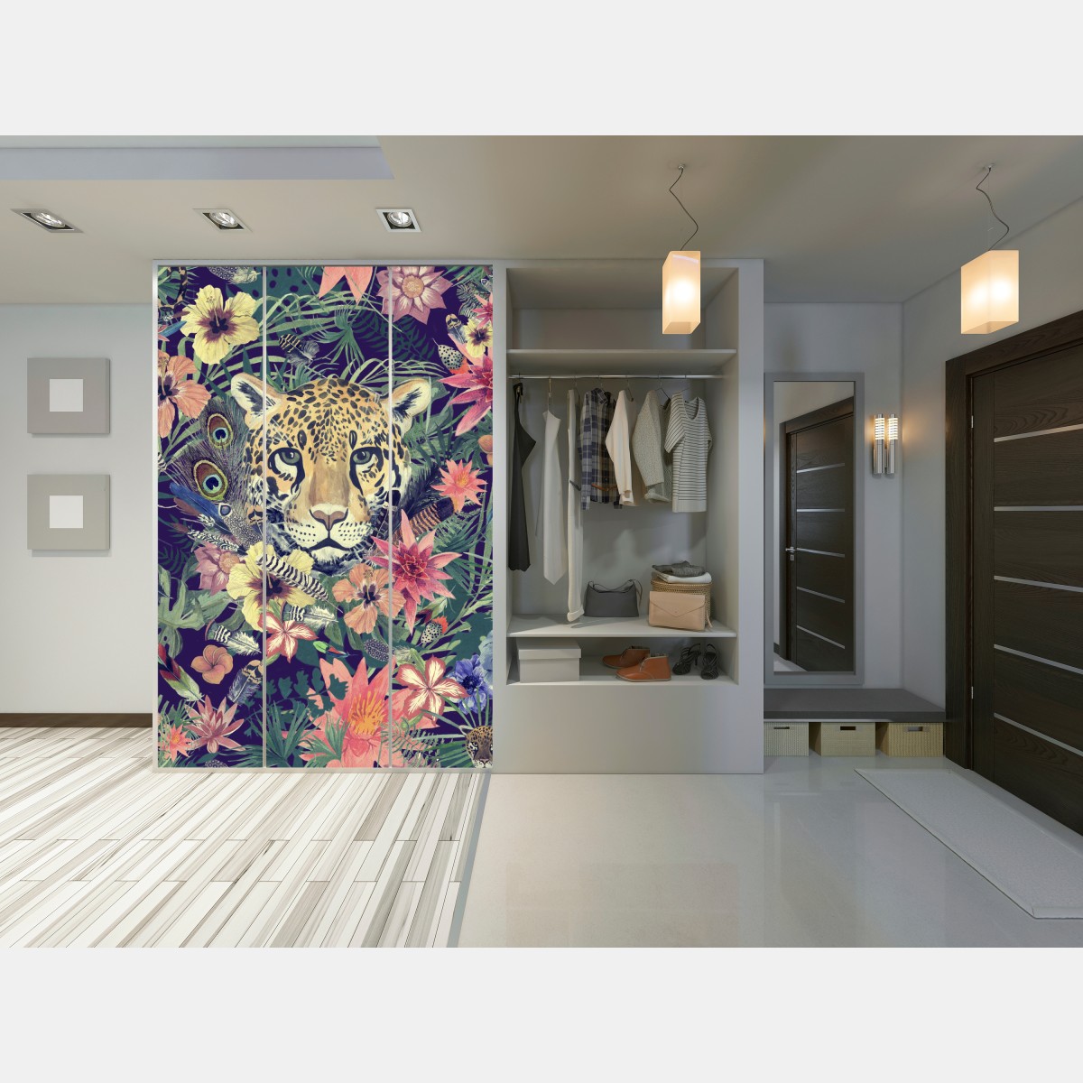 Naklejka na szafę vintage akwarelowy lampart w tropikalnych liściach – Wallissimo® Naklejka na szafę vintage akwarelowy lampart w tropikalnych liściach – Wallissimo®