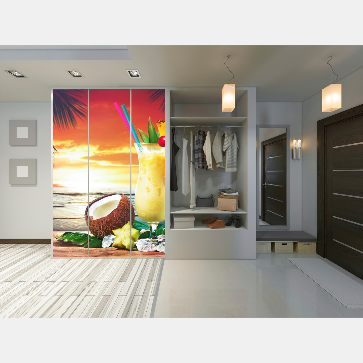 Naklejka na szafę tropikalny zachód słońca na plaży z koktajlem – Wallissimo® Naklejka na szafę tropikalny zachód słońca na plaży z koktajlem – Wallissimo®