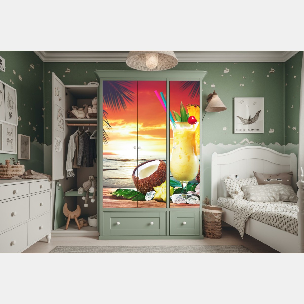 Naklejka na szafę tropikalny zachód słońca na plaży z koktajlem – Wallissimo® Naklejka na szafę tropikalny zachód słońca na plaży z koktajlem – Wallissimo®