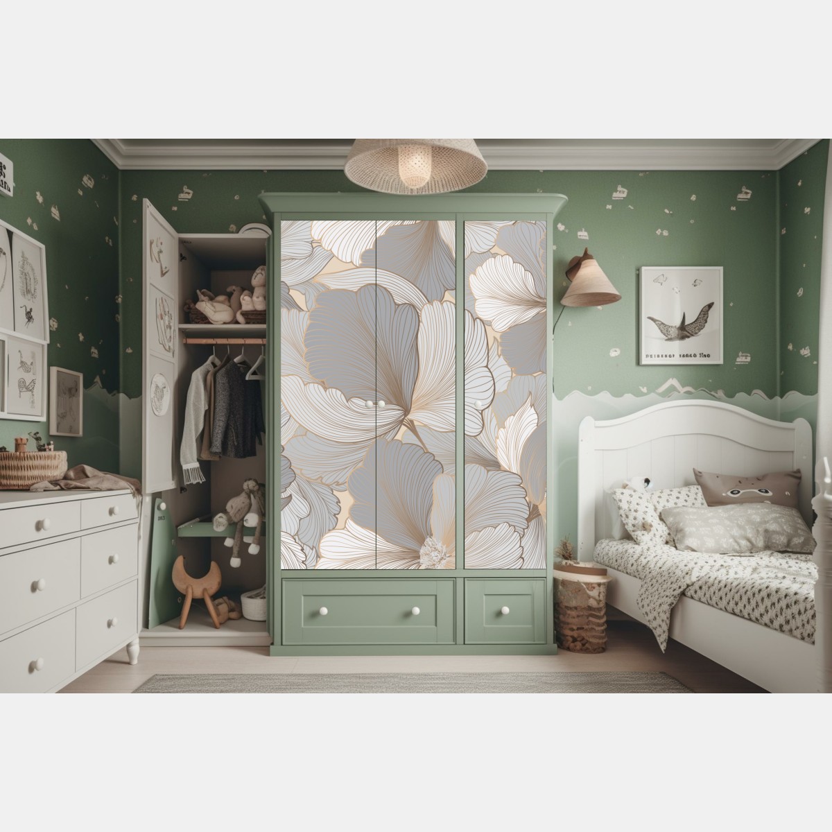 Naklejka na szafę delikatny pastelowy wzór kwiatowy – Wallissimo® Naklejka na szafę delikatny pastelowy wzór kwiatowy – Wallissimo®