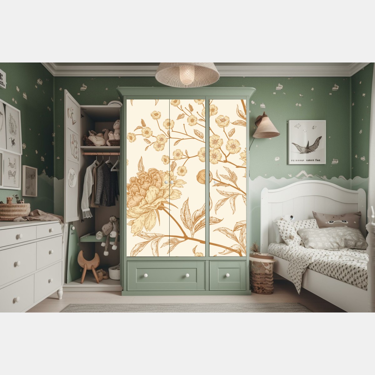 Naklejka na szafę vintage beżowy wzór kwiatowy z peoniami – Wallissimo® Naklejka na szafę vintage beżowy wzór kwiatowy z peoniami – Wallissimo®