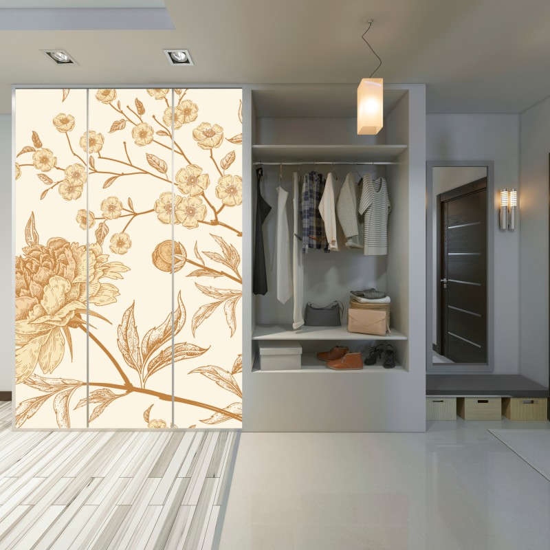 Naklejka na szafę vintage beżowy wzór kwiatowy z peoniami – Wallissimo® Naklejka na szafę vintage beżowy wzór kwiatowy z peoniami – Wallissimo®