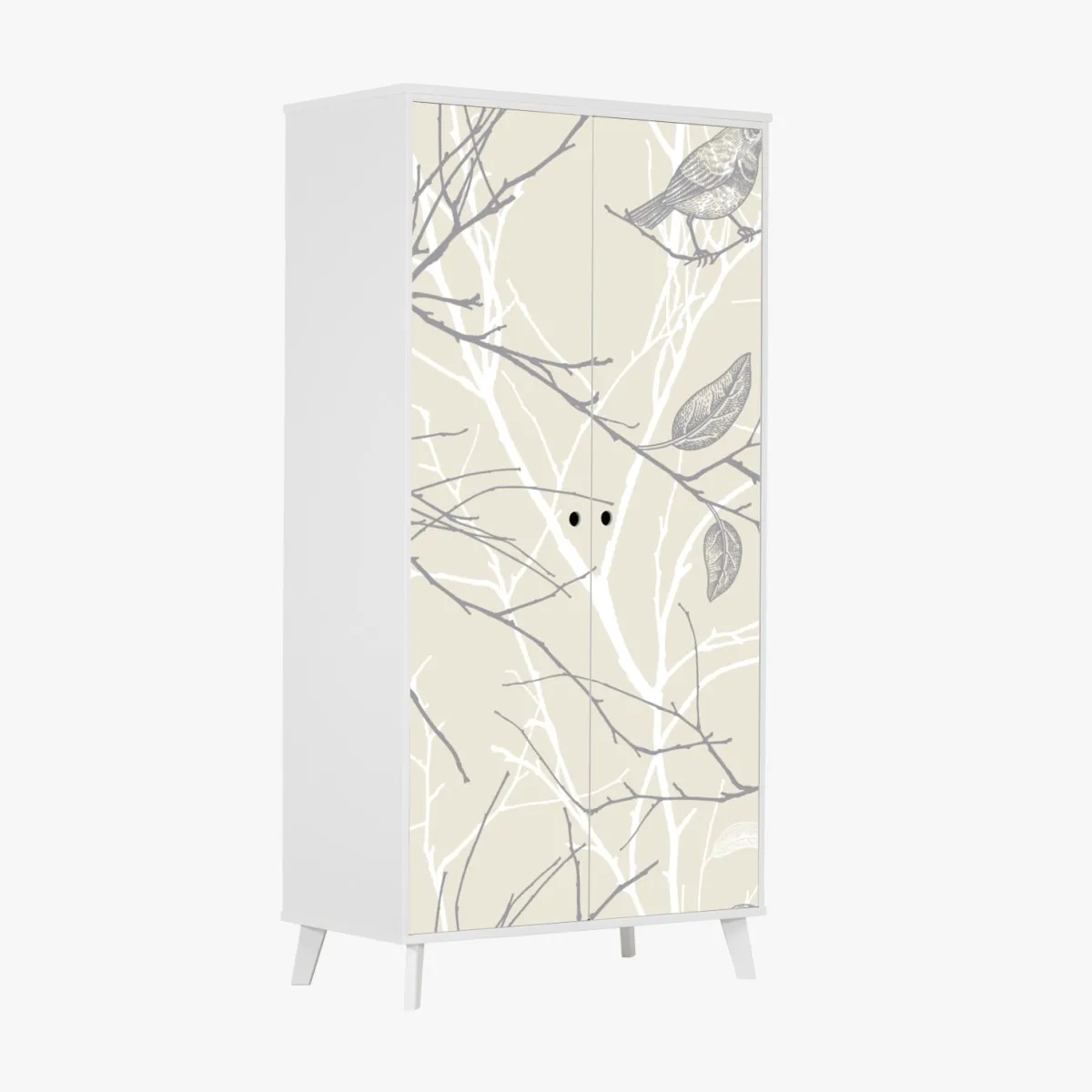 Naklejka na szafę delikatny beżowy wzór z ptakami i gałęziami – Wallissimo® Naklejka na szafę delikatny beżowy wzór z ptakami i gałęziami – Wallissimo®