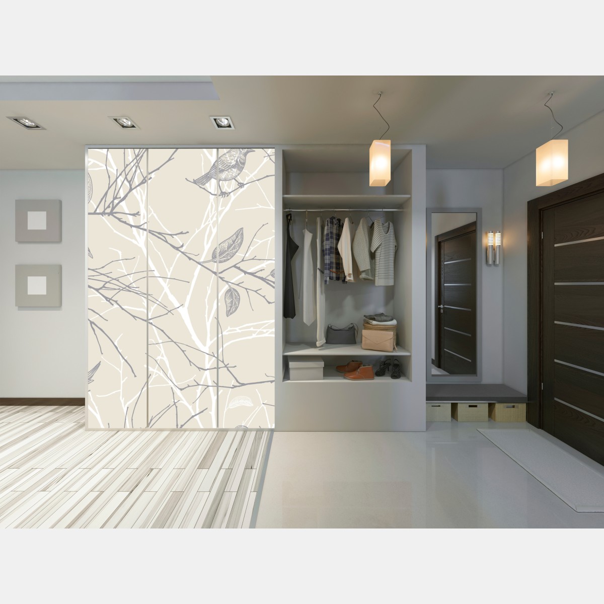 Naklejka na szafę delikatny beżowy wzór z ptakami i gałęziami – Wallissimo® Naklejka na szafę delikatny beżowy wzór z ptakami i gałęziami – Wallissimo®