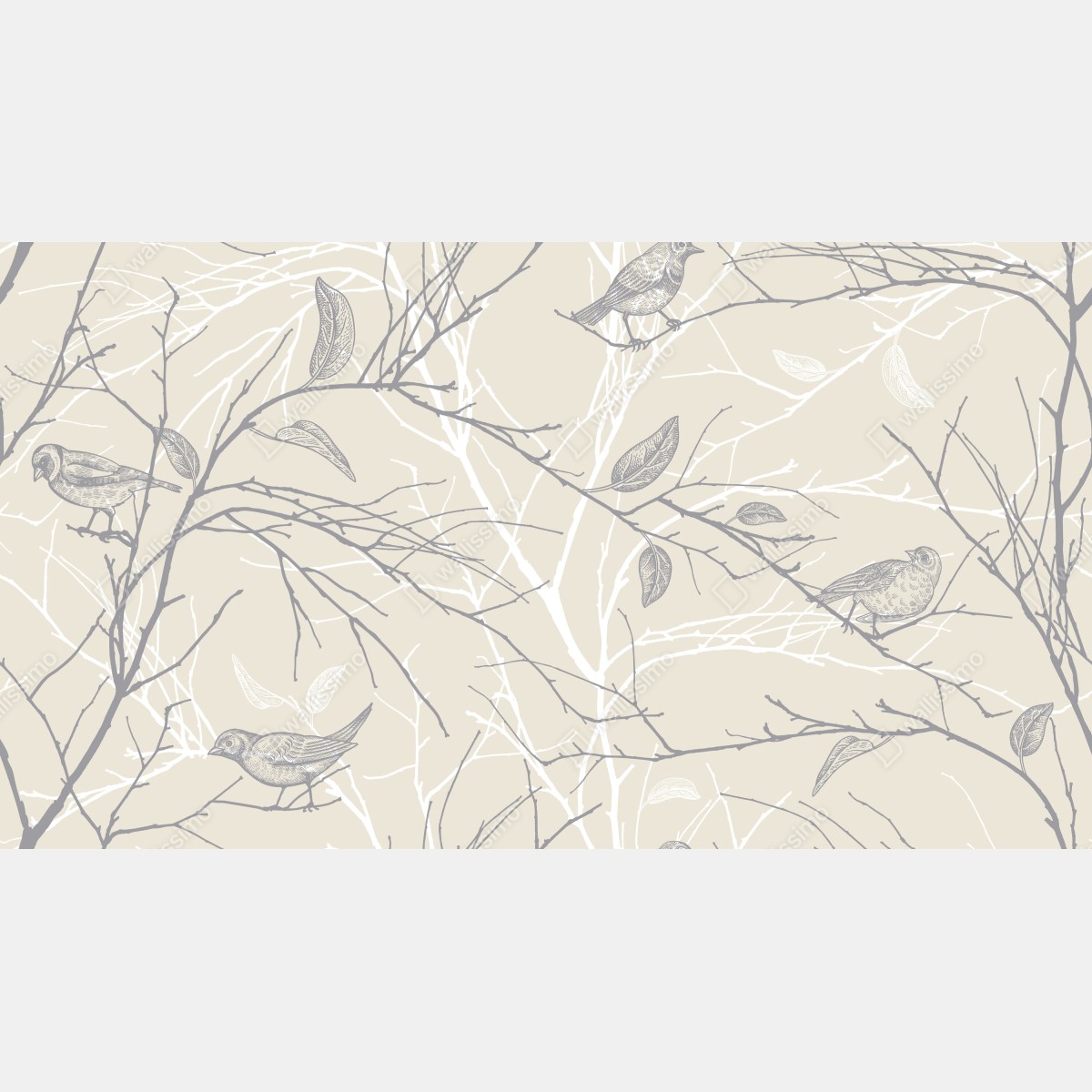 Naklejka na szafę delikatny beżowy wzór z ptakami i gałęziami – Wallissimo® Naklejka na szafę delikatny beżowy wzór z ptakami i gałęziami – Wallissimo®