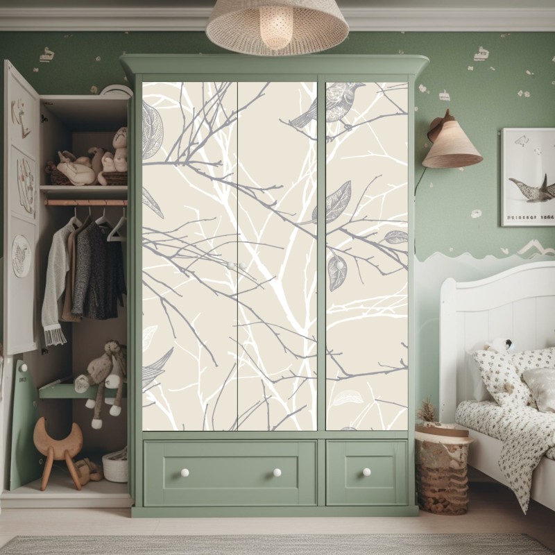 Naklejka na szafę delikatny beżowy wzór z ptakami i gałęziami – Wallissimo® Naklejka na szafę delikatny beżowy wzór z ptakami i gałęziami – Wallissimo®