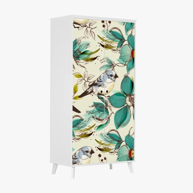 Naklejka na szafę retro miętowy wzór kwiatów i ptaków