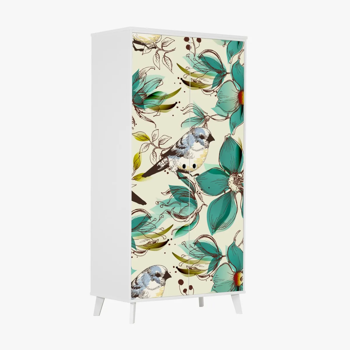 Naklejka na szafę retro miętowy wzór kwiatów i ptaków – Wallissimo® Naklejka na szafę retro miętowy wzór kwiatów i ptaków – Wallissimo®