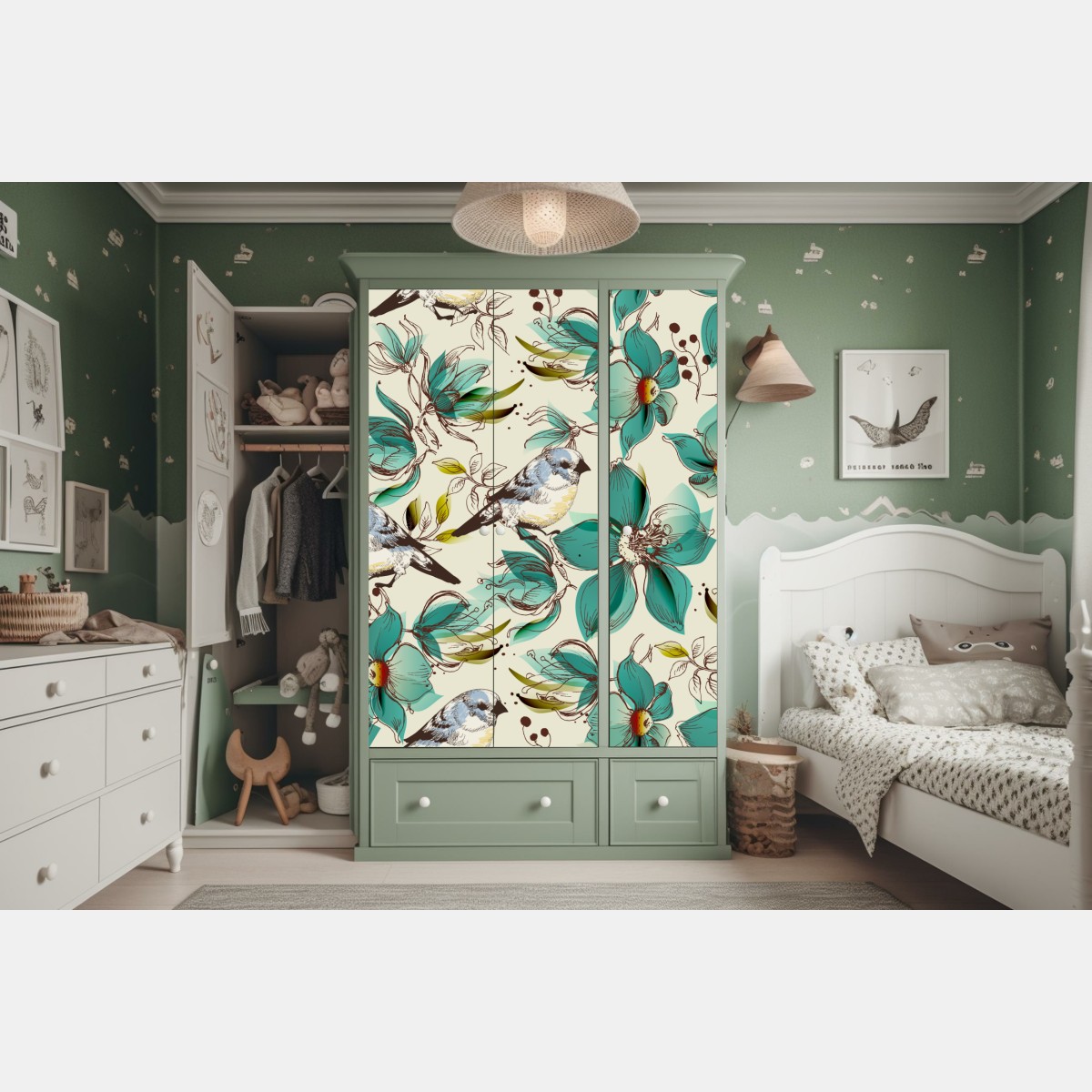 Naklejka na szafę retro miętowy wzór kwiatów i ptaków – Wallissimo® Naklejka na szafę retro miętowy wzór kwiatów i ptaków – Wallissimo®