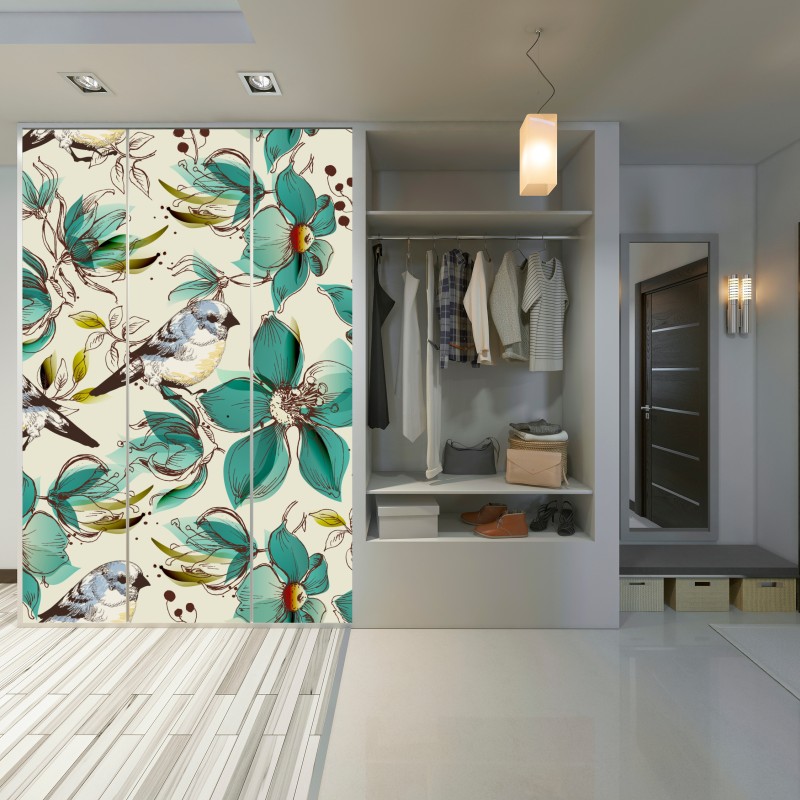 Naklejka na szafę retro miętowy wzór kwiatów i ptaków – Wallissimo® Naklejka na szafę retro miętowy wzór kwiatów i ptaków – Wallissimo®