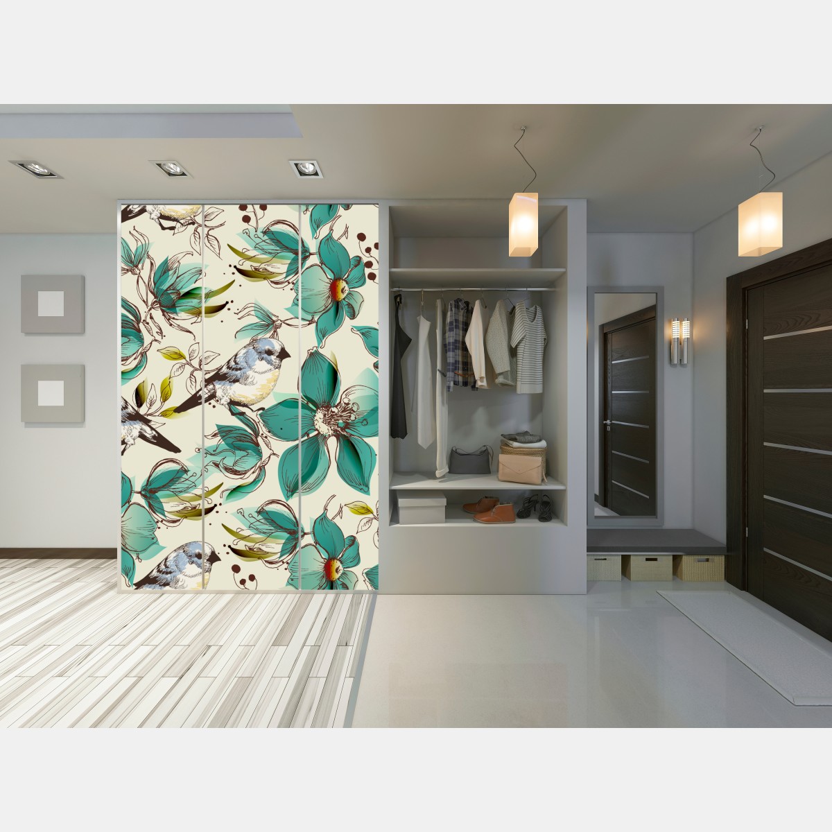 Naklejka na szafę retro miętowy wzór kwiatów i ptaków – Wallissimo® Naklejka na szafę retro miętowy wzór kwiatów i ptaków – Wallissimo®