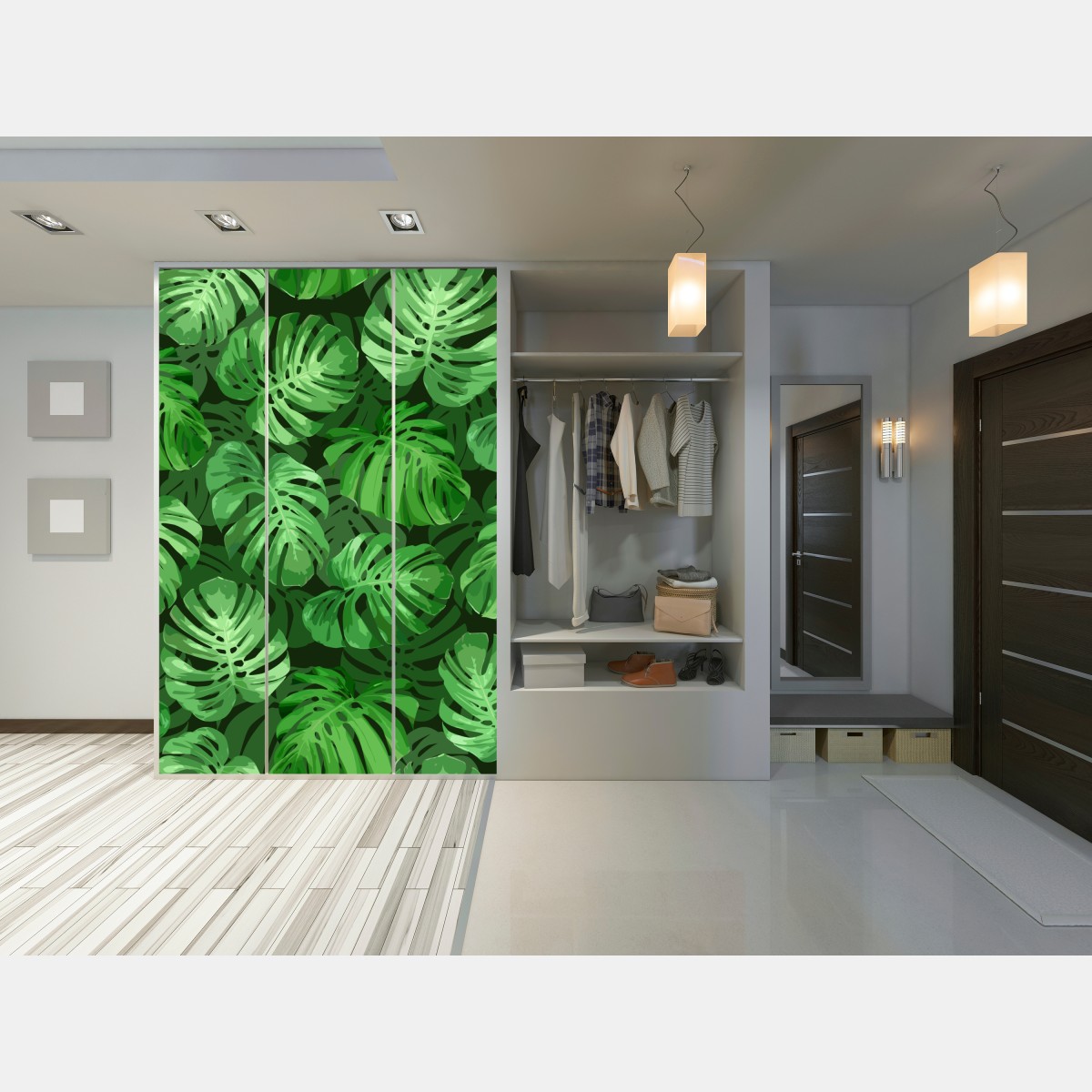 Naklejka na szafę tropikalny wzór z liśćmi monstery – Wallissimo® Naklejka na szafę tropikalny wzór z liśćmi monstery – Wallissimo®