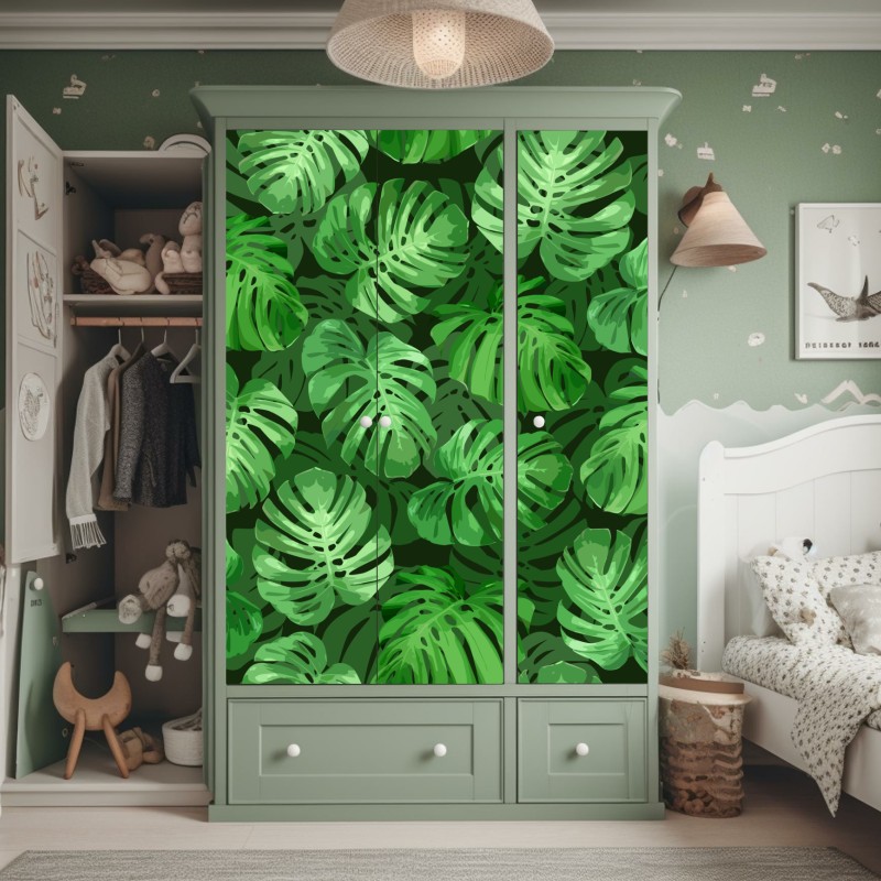 Naklejka na szafę tropikalny wzór z liśćmi monstery – Wallissimo® Naklejka na szafę tropikalny wzór z liśćmi monstery – Wallissimo®