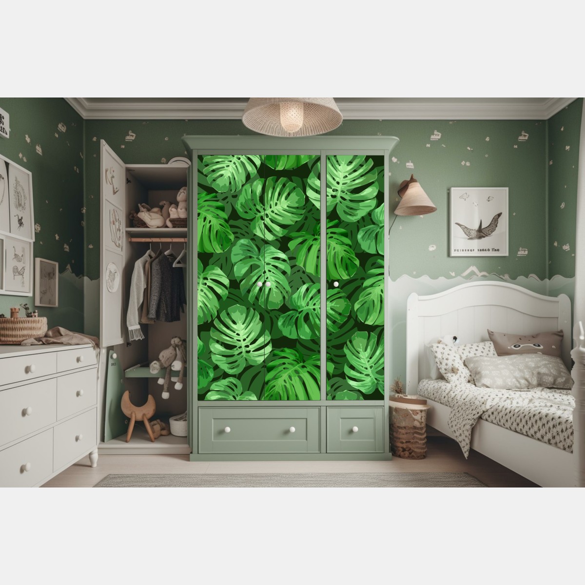 Naklejka na szafę tropikalny wzór z liśćmi monstery – Wallissimo® Naklejka na szafę tropikalny wzór z liśćmi monstery – Wallissimo®