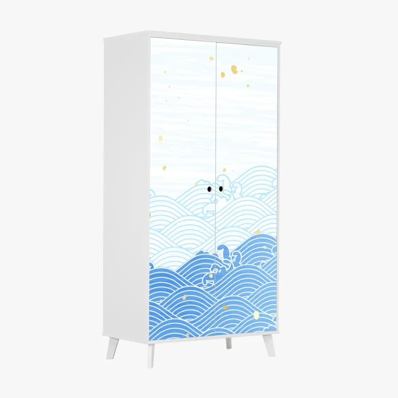 Naklejka na szafę spokojne niebieskie fale ze złotymi akcentami