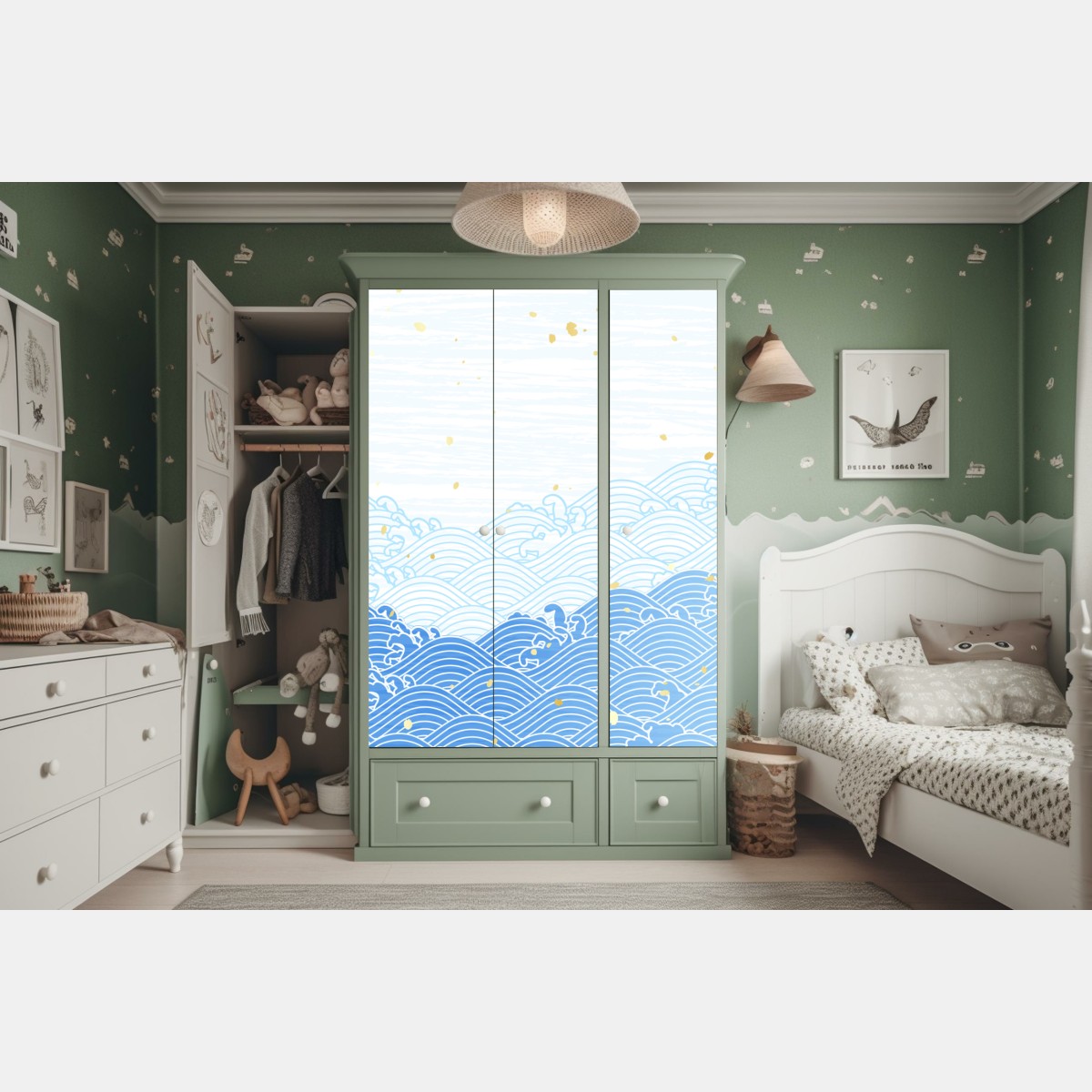 Naklejka na szafę spokojne niebieskie fale ze złotymi akcentami – Wallissimo® Naklejka na szafę spokojne niebieskie fale ze złotymi akcentami – Wallissimo®