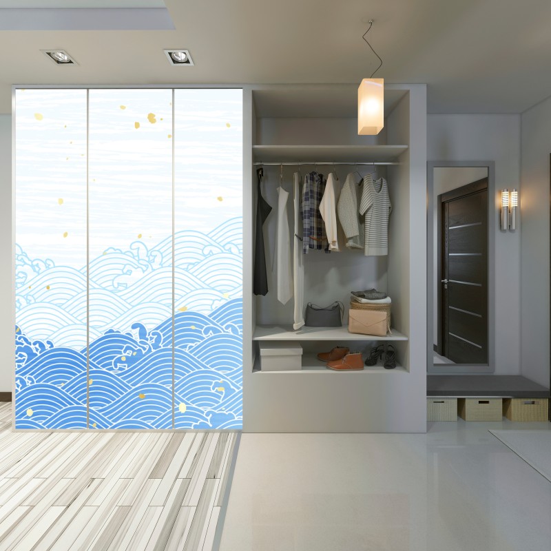 Naklejka na szafę spokojne niebieskie fale ze złotymi akcentami – Wallissimo® Naklejka na szafę spokojne niebieskie fale ze złotymi akcentami – Wallissimo®