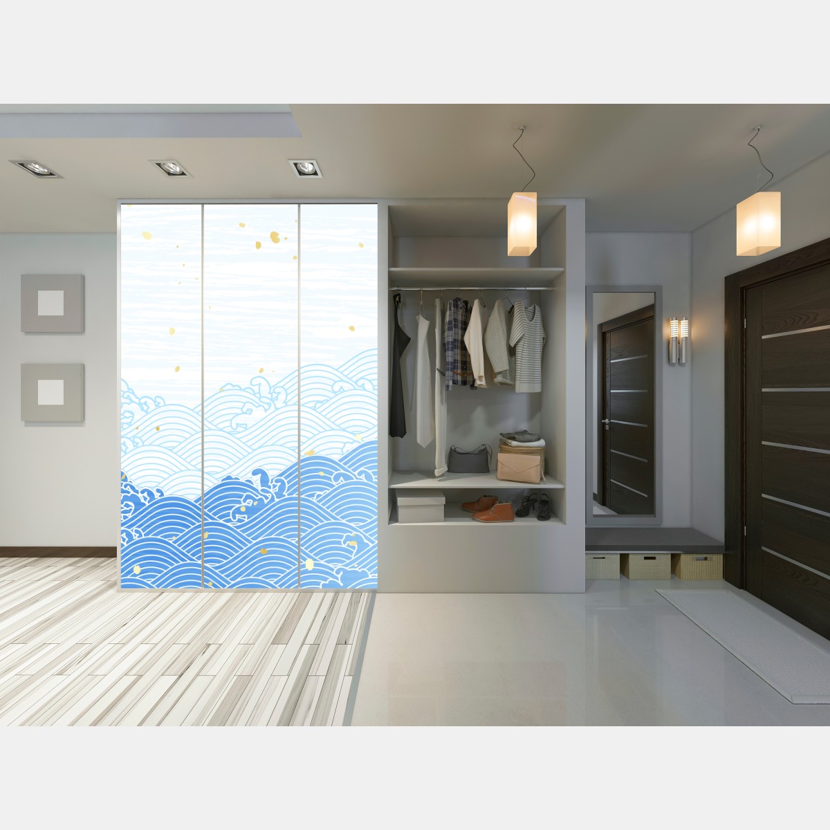 Naklejka na szafę spokojne niebieskie fale ze złotymi akcentami – Wallissimo® Naklejka na szafę spokojne niebieskie fale ze złotymi akcentami – Wallissimo®