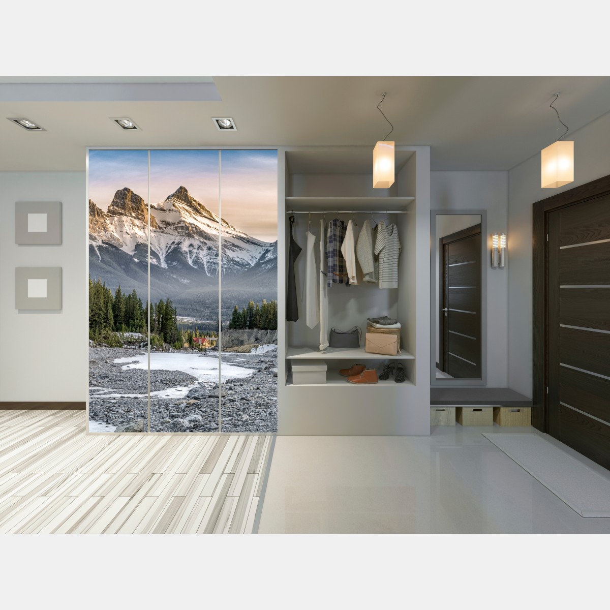 Naklejka na szafę majestatyczne górskie szczyty i sosnowy las – Wallissimo® Naklejka na szafę majestatyczne górskie szczyty i sosnowy las – Wallissimo®