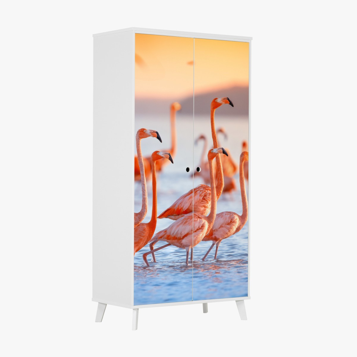 Wardrobe sticker pink flamingos at sunset