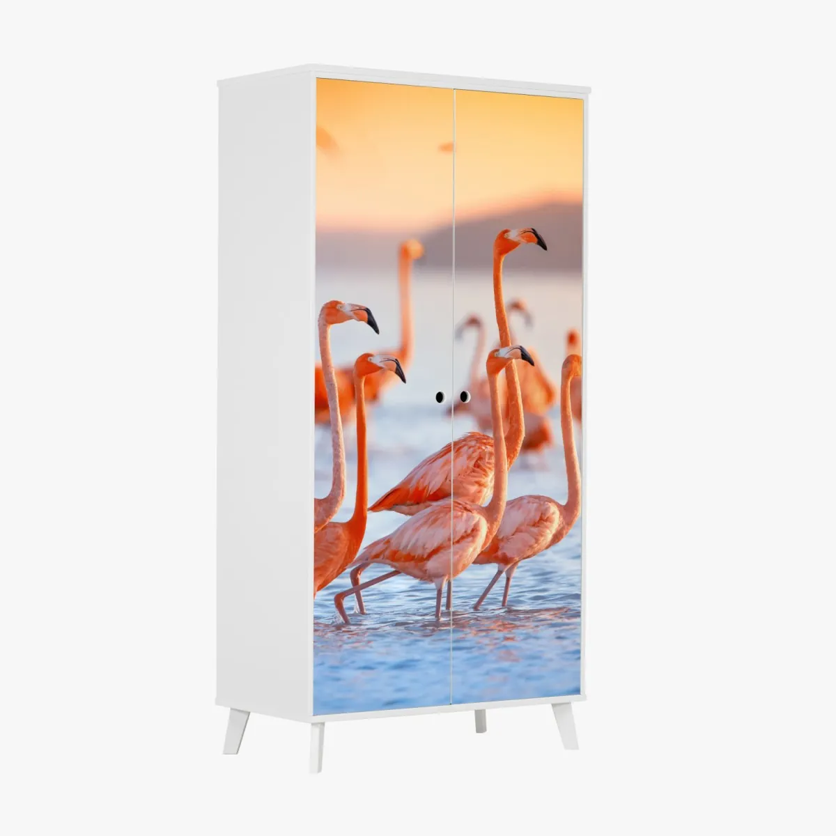 Naklejka na szafę różowe flamingi o zachodzie słońca – Wallissimo® Naklejka na szafę różowe flamingi o zachodzie słońca – Wallissimo®