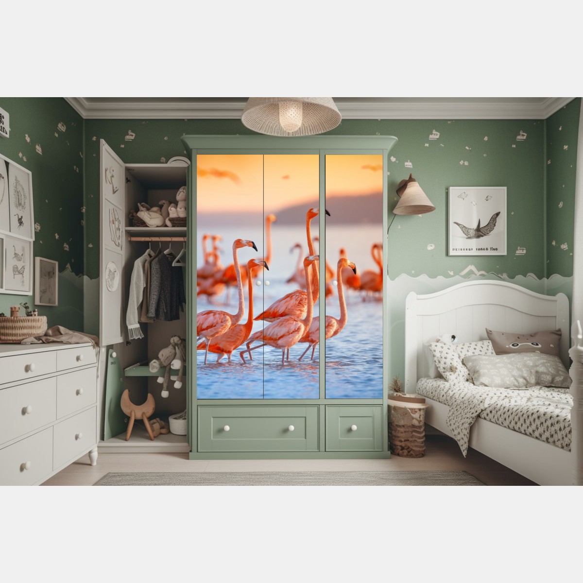 Naklejka na szafę różowe flamingi o zachodzie słońca – Wallissimo® Naklejka na szafę różowe flamingi o zachodzie słońca – Wallissimo®