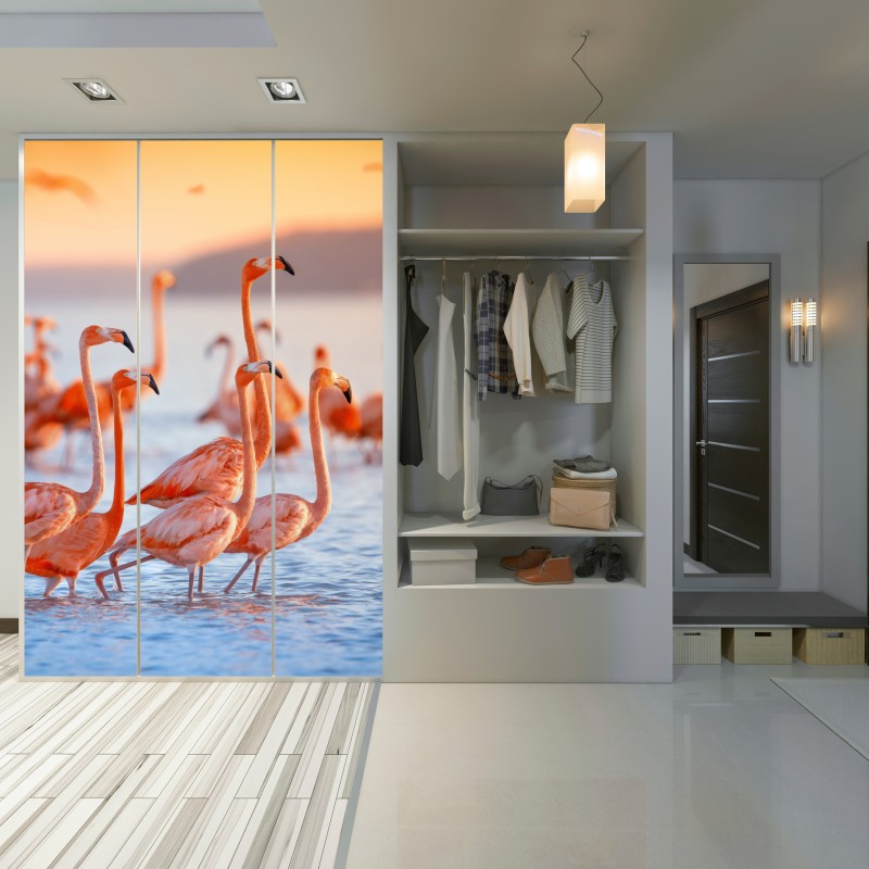 Naklejka na szafę różowe flamingi o zachodzie słońca – Wallissimo® Naklejka na szafę różowe flamingi o zachodzie słońca – Wallissimo®