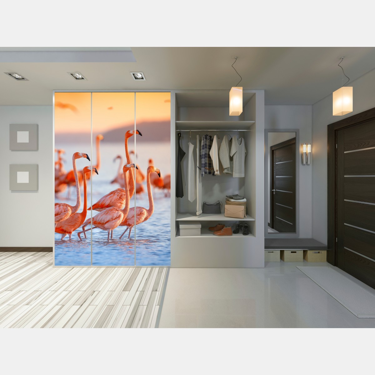 Naklejka na szafę różowe flamingi o zachodzie słońca – Wallissimo® Naklejka na szafę różowe flamingi o zachodzie słońca – Wallissimo®