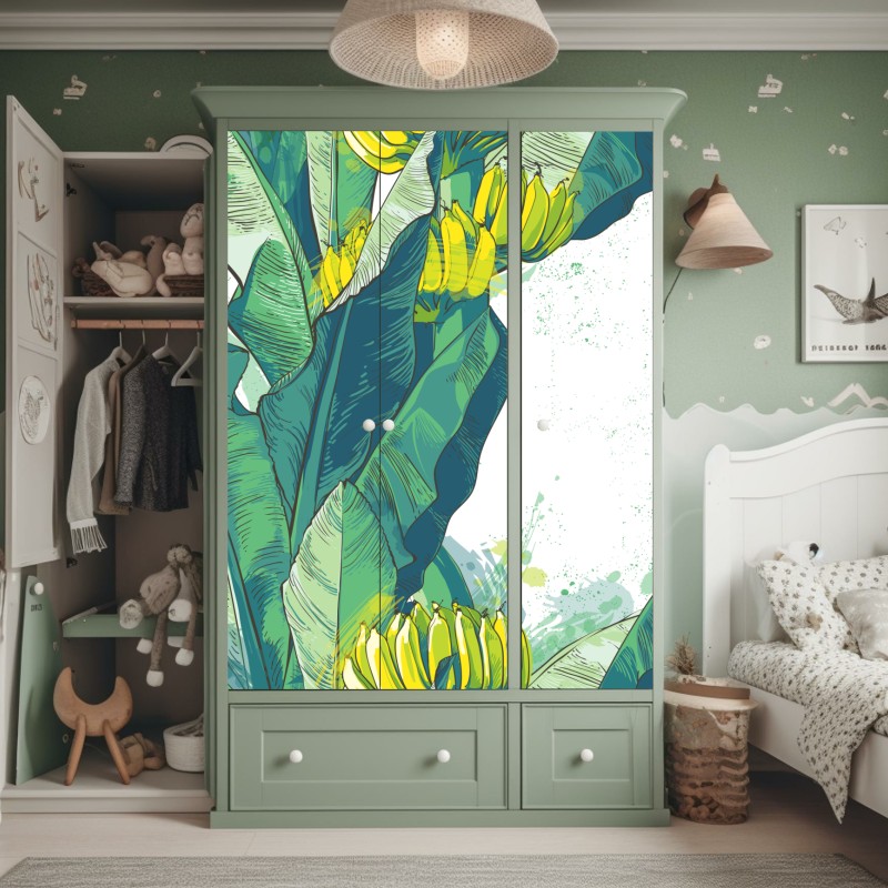 Naklejka na szafę tropikalna ilustracja liści bananowca – Wallissimo® Naklejka na szafę tropikalna ilustracja liści bananowca – Wallissimo®