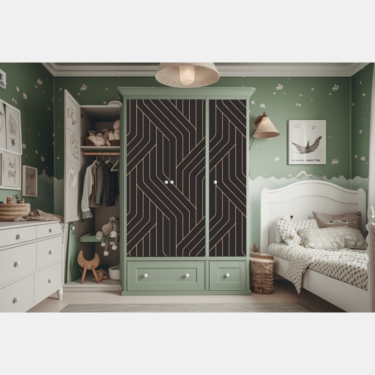 Naklejka na szafę geometryczny wzór art deco w czerni i złocie – Wallissimo® Naklejka na szafę geometryczny wzór art deco w czerni i złocie – Wallissimo®