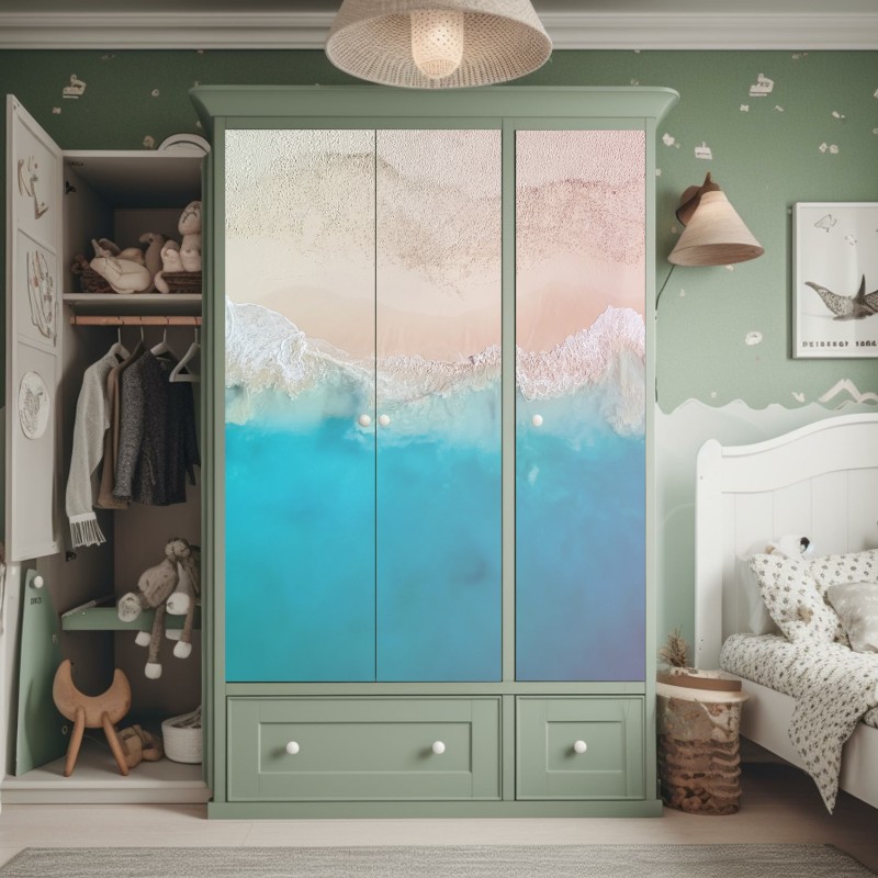 Naklejka na szafę pastelowa turkusowa plaża z lotu ptaka – Wallissimo® Naklejka na szafę pastelowa turkusowa plaża z lotu ptaka – Wallissimo®