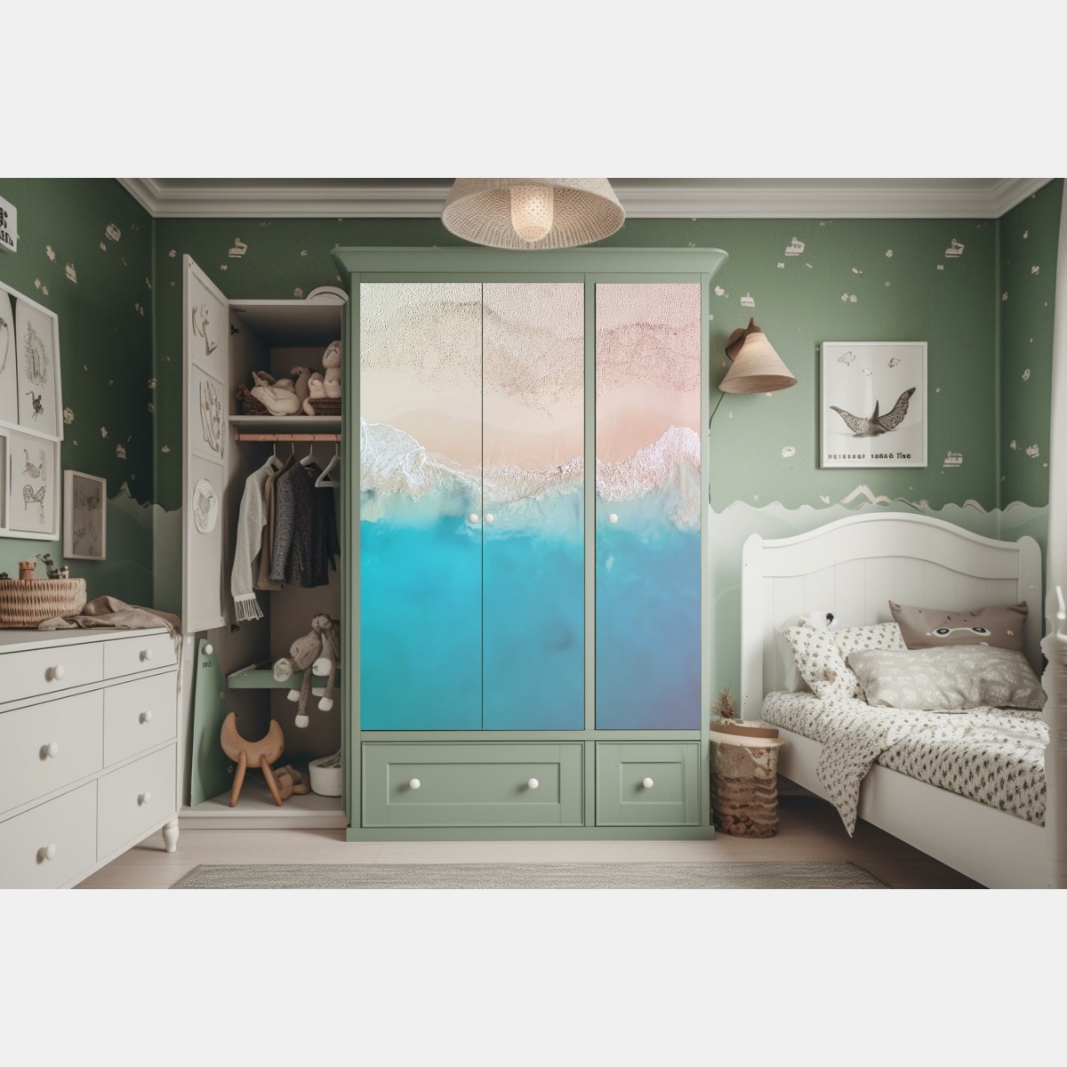 Naklejka na szafę pastelowa turkusowa plaża z lotu ptaka – Wallissimo® Naklejka na szafę pastelowa turkusowa plaża z lotu ptaka – Wallissimo®