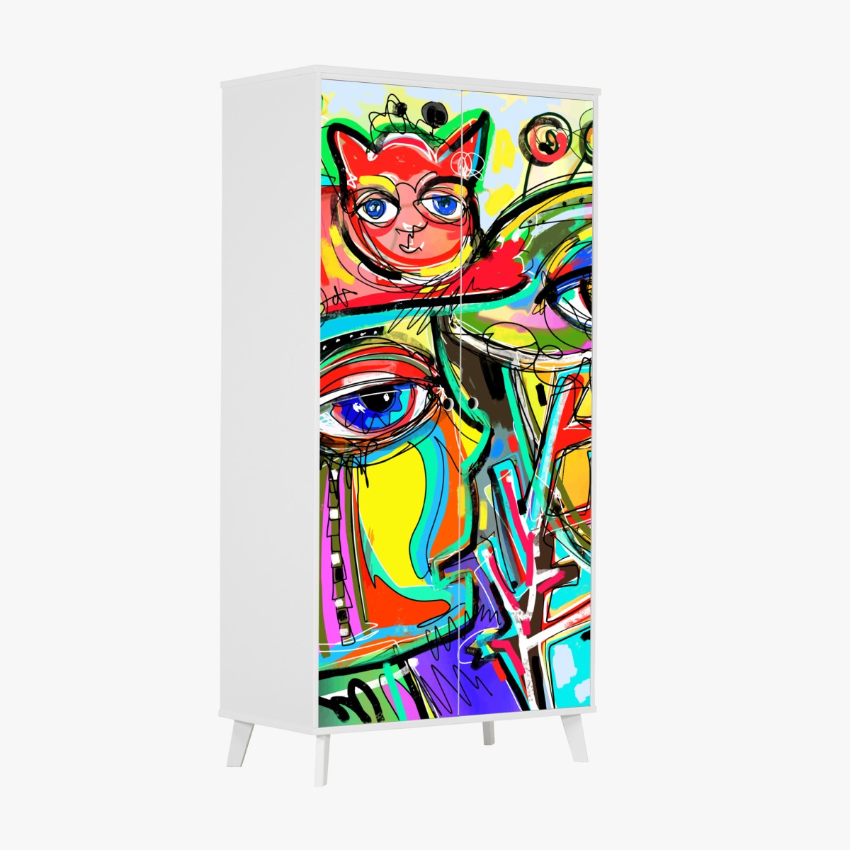 Wardrobe sticker vibrant abstract faces with cat and bird