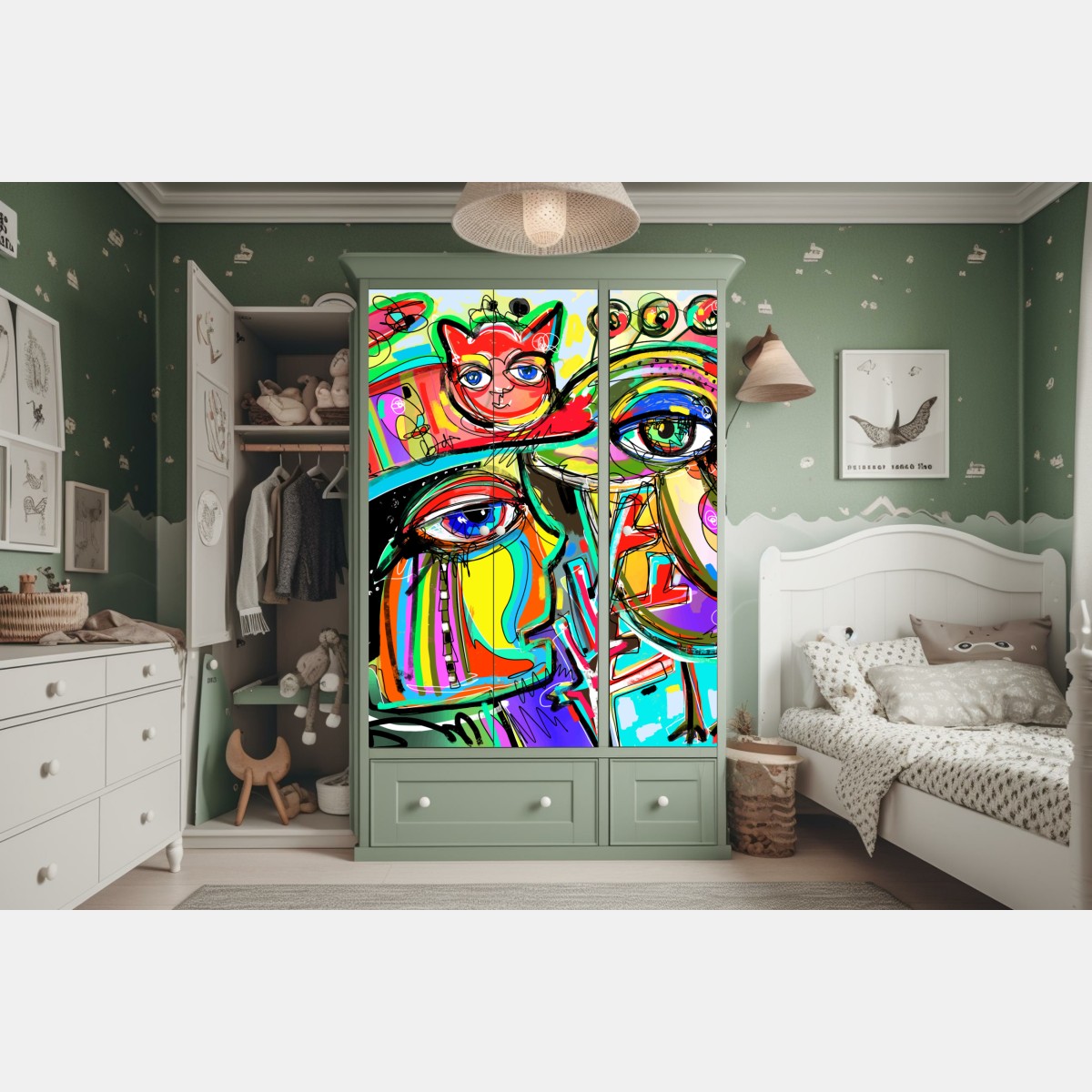 Naklejka na szafę żywe abstrakcyjne twarze z kotem i ptakiem – Wallissimo® Naklejka na szafę żywe abstrakcyjne twarze z kotem i ptakiem – Wallissimo®