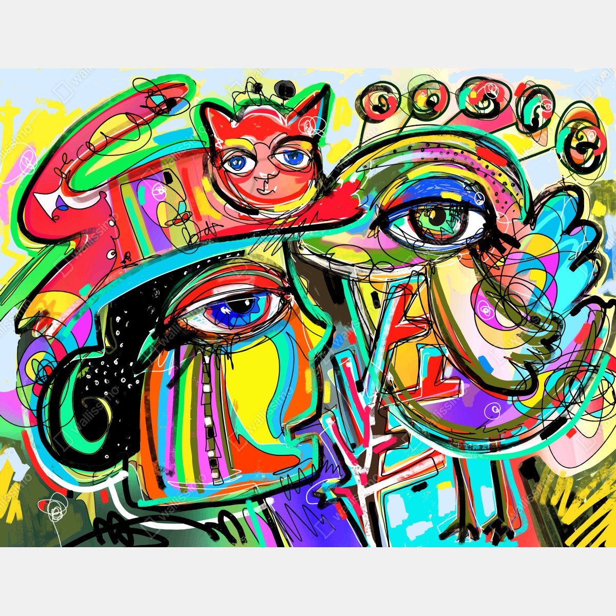 Naklejka na szafę żywe abstrakcyjne twarze z kotem i ptakiem – Wallissimo® Naklejka na szafę żywe abstrakcyjne twarze z kotem i ptakiem – Wallissimo®