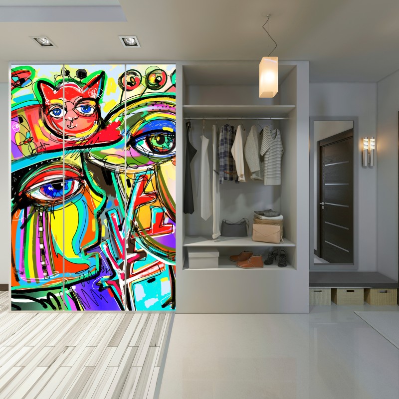 Naklejka na szafę żywe abstrakcyjne twarze z kotem i ptakiem – Wallissimo® Naklejka na szafę żywe abstrakcyjne twarze z kotem i ptakiem – Wallissimo®