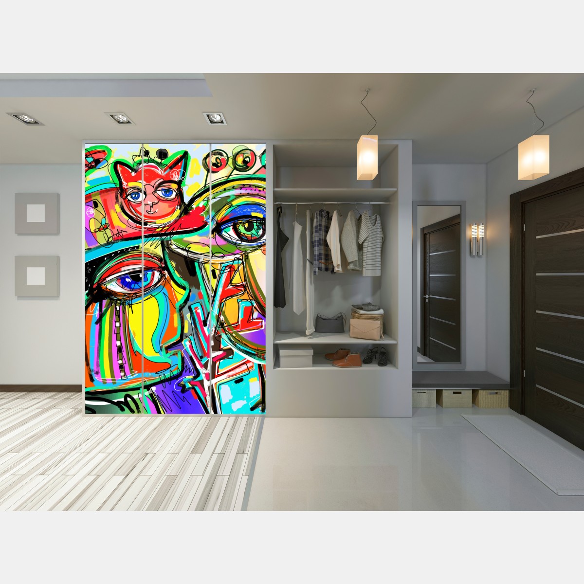 Naklejka na szafę żywe abstrakcyjne twarze z kotem i ptakiem – Wallissimo® Naklejka na szafę żywe abstrakcyjne twarze z kotem i ptakiem – Wallissimo®