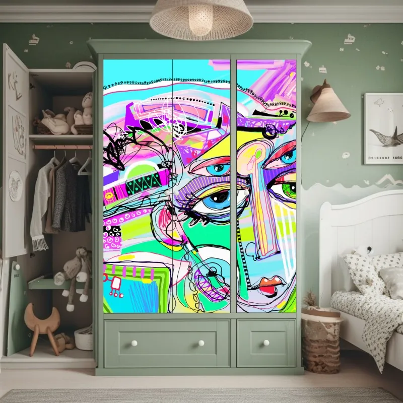 Naklejka na szafę abstrakcyjna twarz w żywych kolorach – Wallissimo® Naklejka na szafę abstrakcyjna twarz w żywych kolorach – Wallissimo®