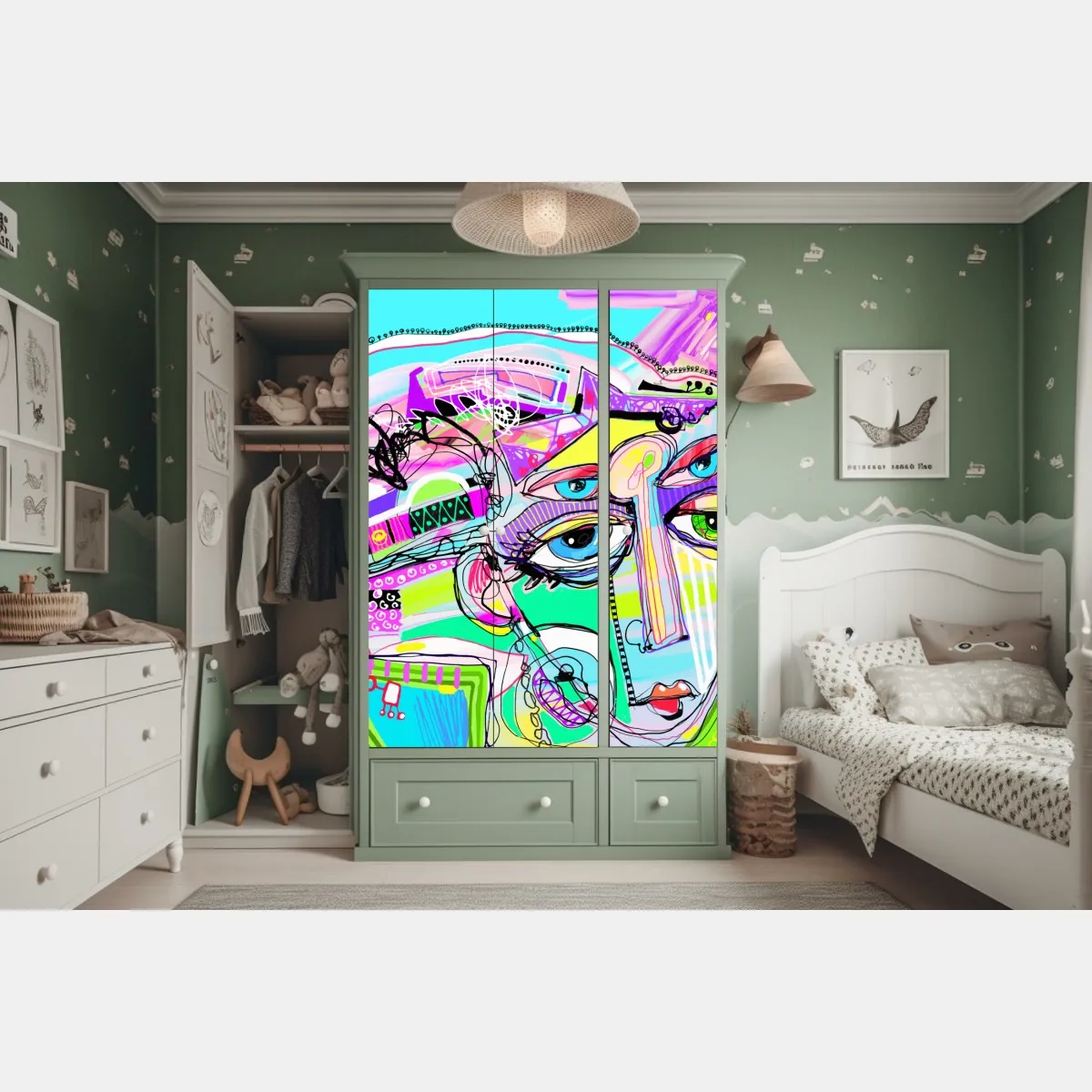 Naklejka na szafę abstrakcyjna twarz w żywych kolorach – Wallissimo® Naklejka na szafę abstrakcyjna twarz w żywych kolorach – Wallissimo®