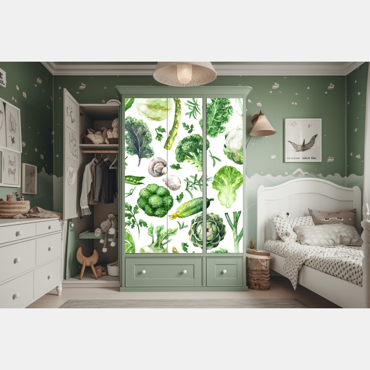 Naklejka na szafę akwarelowy wzór zielonych warzyw – Wallissimo® Naklejka na szafę akwarelowy wzór zielonych warzyw – Wallissimo®