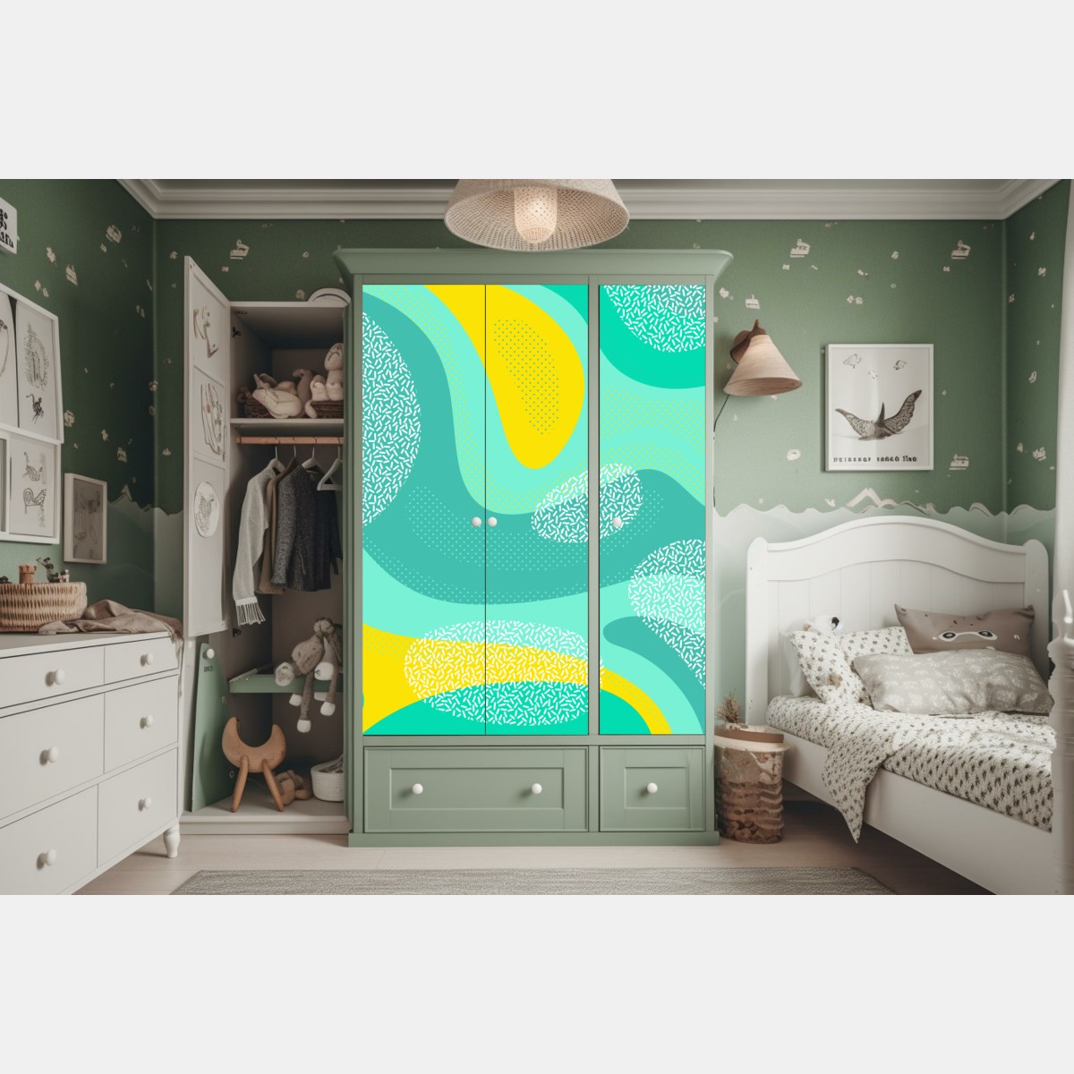 Naklejka na szafę turkusowo-żółty abstrakcyjny wzór – Wallissimo® Naklejka na szafę turkusowo-żółty abstrakcyjny wzór – Wallissimo®