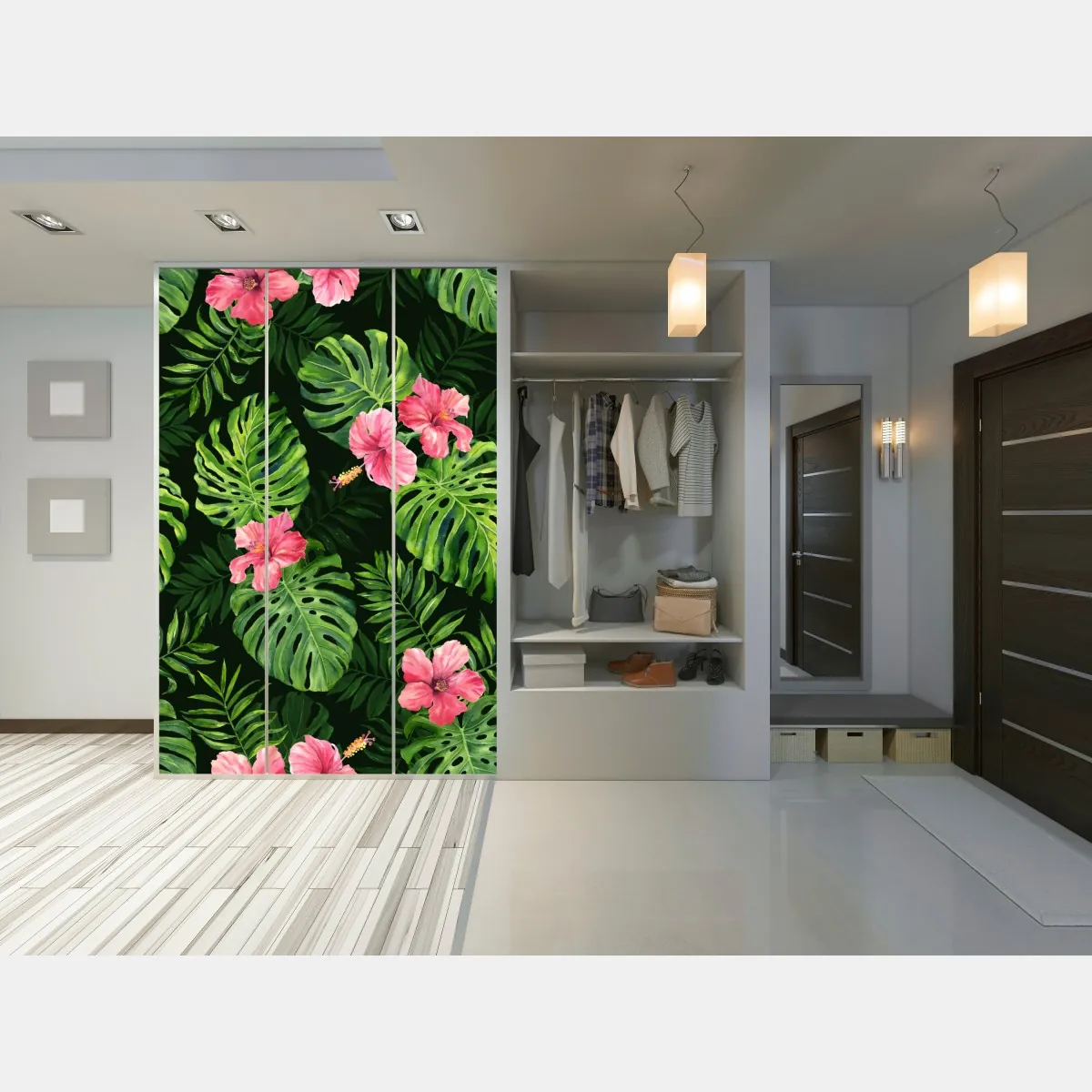 Naklejka na szafę tropikalny wzór z monsterą i hibiskusem – Wallissimo® Naklejka na szafę tropikalny wzór z monsterą i hibiskusem – Wallissimo®