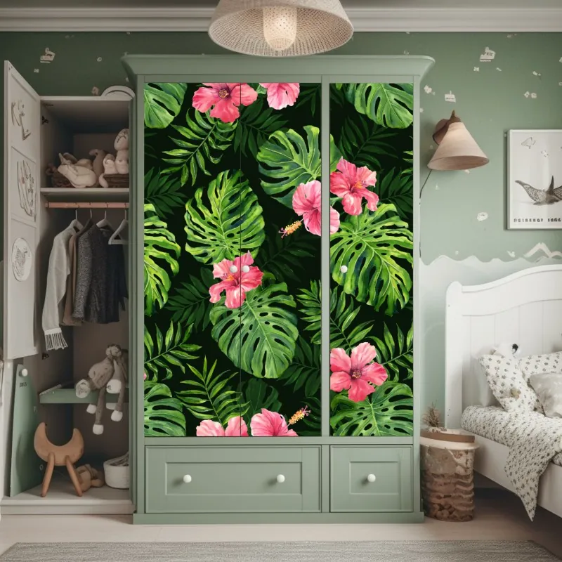 Naklejka na szafę tropikalny wzór z monsterą i hibiskusem – Wallissimo® Naklejka na szafę tropikalny wzór z monsterą i hibiskusem – Wallissimo®
