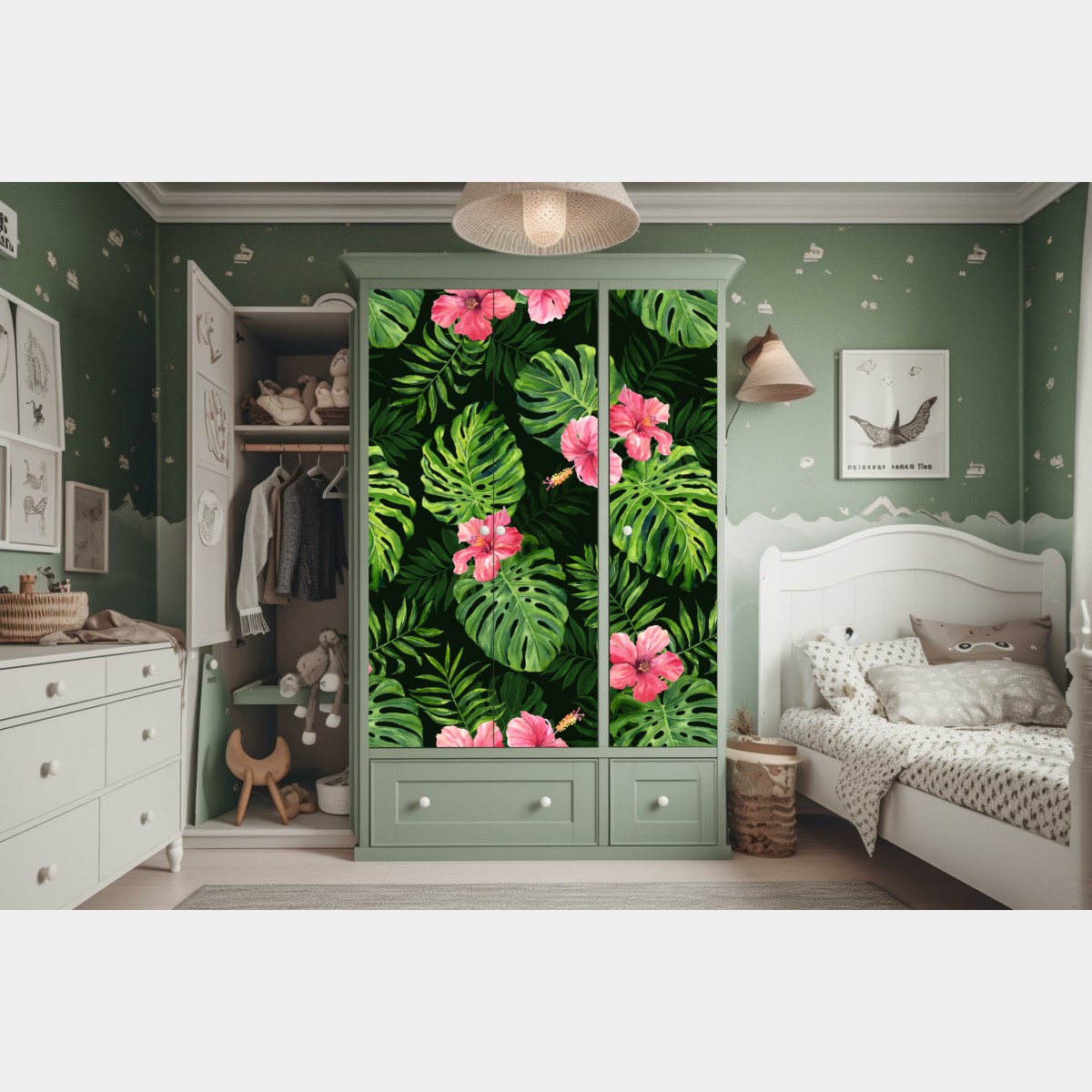Naklejka na szafę tropikalny wzór z monsterą i hibiskusem – Wallissimo® Naklejka na szafę tropikalny wzór z monsterą i hibiskusem – Wallissimo®