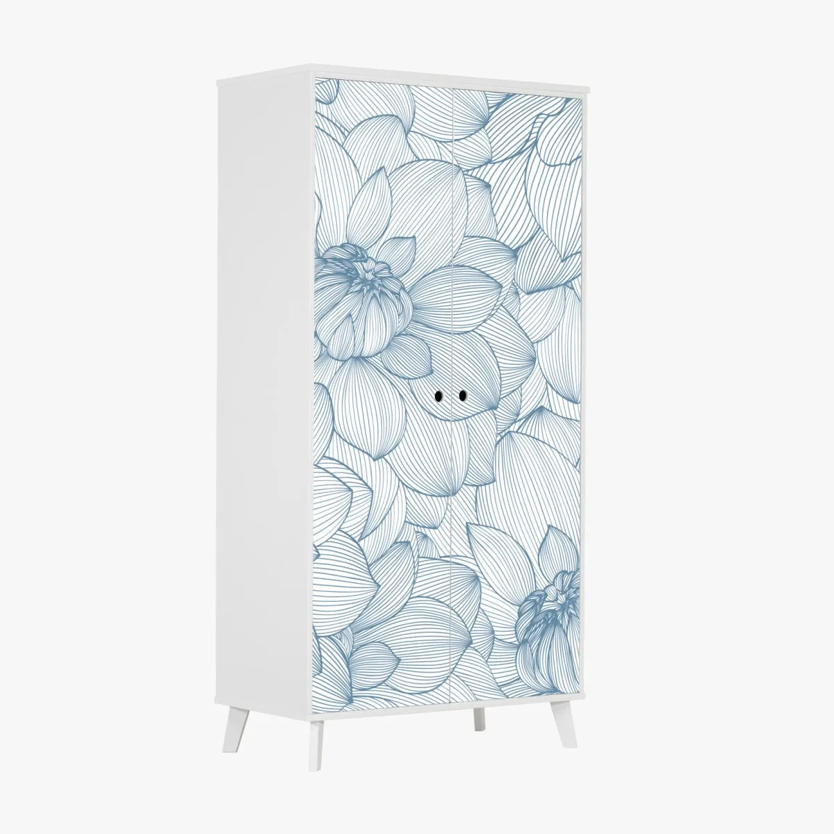 Naklejka na szafę delikatny, liniowy wzór kwiatowy w odcieniach niebieskiego – Wallissimo® Naklejka na szafę delikatny, liniowy wzór kwiatowy w odcieniach niebieskiego – Wallissimo®