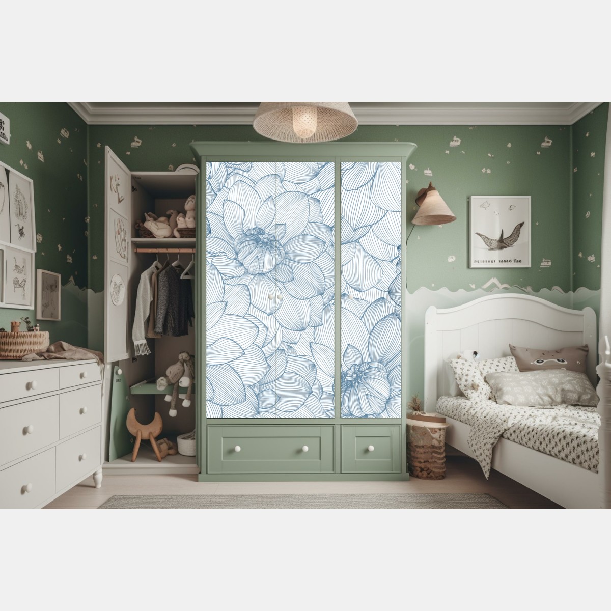 Naklejka na szafę delikatny, liniowy wzór kwiatowy w odcieniach niebieskiego – Wallissimo® Naklejka na szafę delikatny, liniowy wzór kwiatowy w odcieniach niebieskiego – Wallissimo®