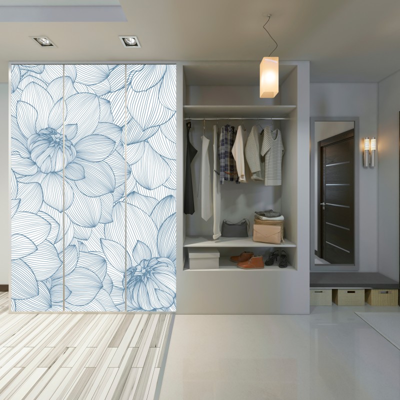 Naklejka na szafę delikatny, liniowy wzór kwiatowy w odcieniach niebieskiego – Wallissimo® Naklejka na szafę delikatny, liniowy wzór kwiatowy w odcieniach niebieskiego – Wallissimo®