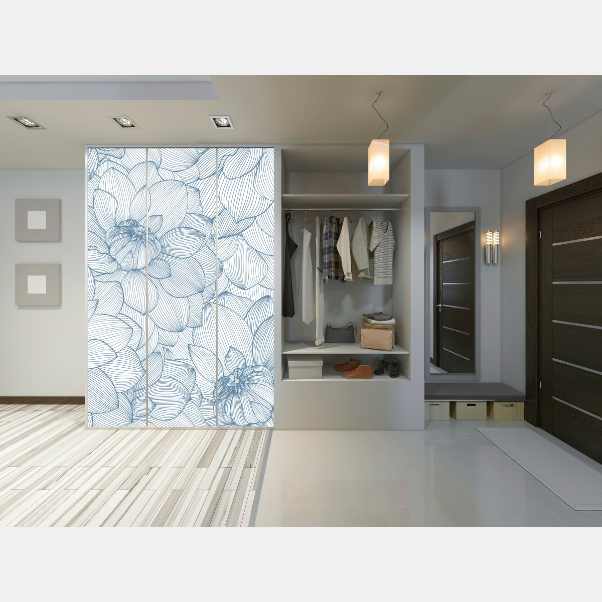 Naklejka na szafę delikatny, liniowy wzór kwiatowy w odcieniach niebieskiego – Wallissimo® Naklejka na szafę delikatny, liniowy wzór kwiatowy w odcieniach niebieskiego – Wallissimo®