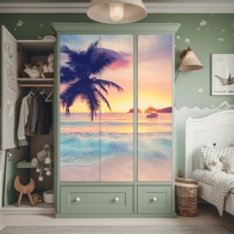 Naklejka na szafę tropikalny pastelowy zachód słońca nad morzem – Wallissimo® Naklejka na szafę tropikalny pastelowy zachód słońca nad morzem – Wallissimo®
